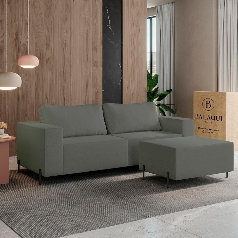 Sofá 3 Lugares Sense Moderno Bouclê Com Puff Balaqui Decor Cor:grafite Grafite