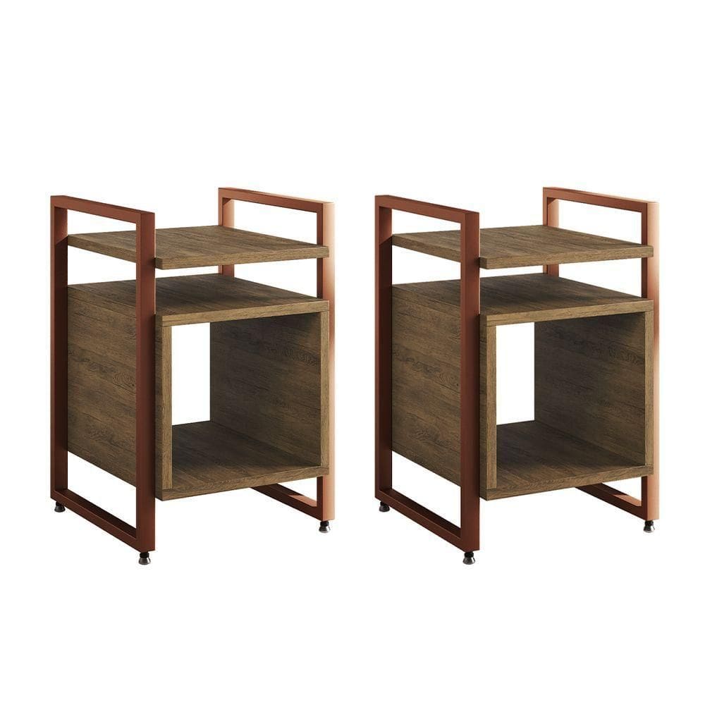 Kit 2 Mesas De Cabeceira Industrial Marrocos Ferro Cobre E Tampo Freijó