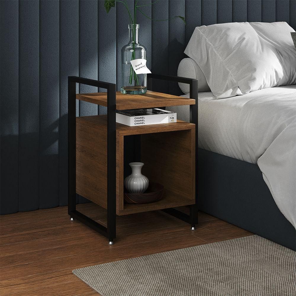 Mesa De Cabeceira Industrial Marrocos Ferro Preto E Tampo Amêndoa