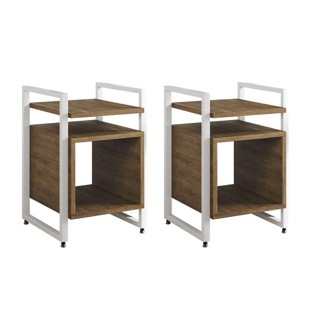 Kit 2 Mesas De Cabeceira Industrial Marrocos Ferro Branco E Tampo Freijó