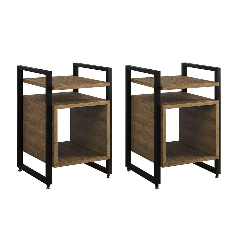 Kit 2 Mesas De Cabeceira Industrial Marrocos Ferro Preto E Tampo Freijó