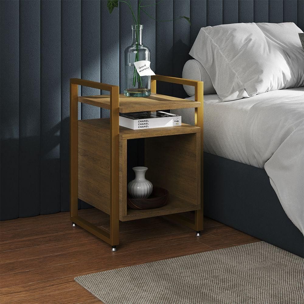 Mesa De Cabeceira Industrial Marrocos Ferro Dourado E Tampo Freijó