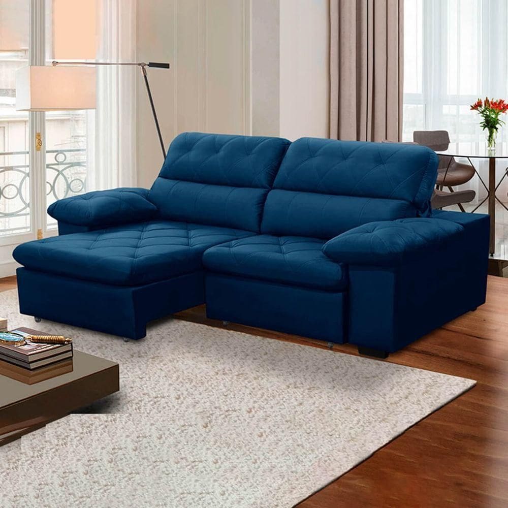 Sofa Retratil Reclinavel 2 Lugares 2,50m Crystal Veludo Azul Lansofbr