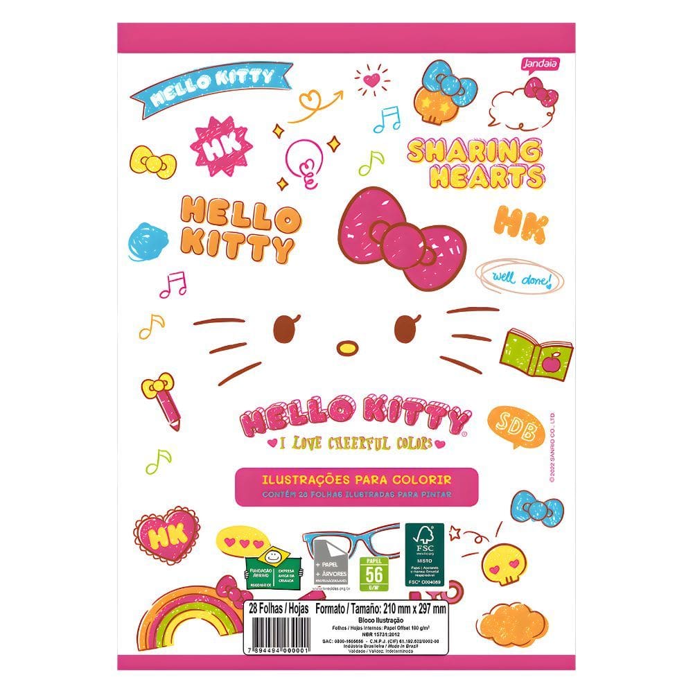Bloco de Folhas A4 Hello Kitty c/ 28 Ilustrações para Colorir Folhas de 180g/m² - Jandaia