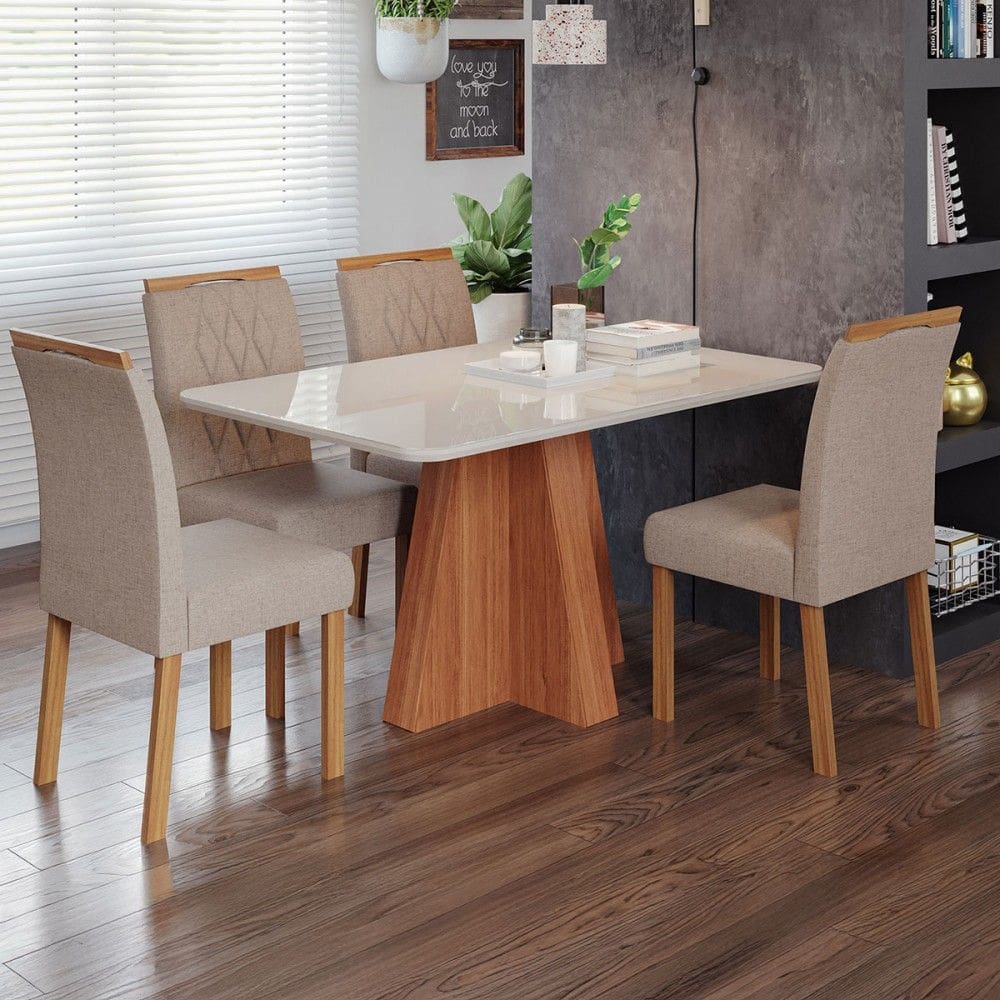 Mesa de Jantar 4 Lugares Maitê Juliana com Vidro Cinamomo/Off White/Bege - Cimol