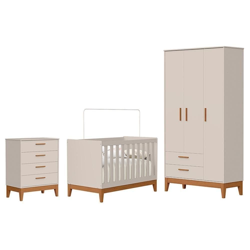 Dormitório Infantil Flip Guarda Roupa 3 Portas, Cômoda 4 Gavetas E Berço Areia Fosco - Reller Móveis Areia Fosco