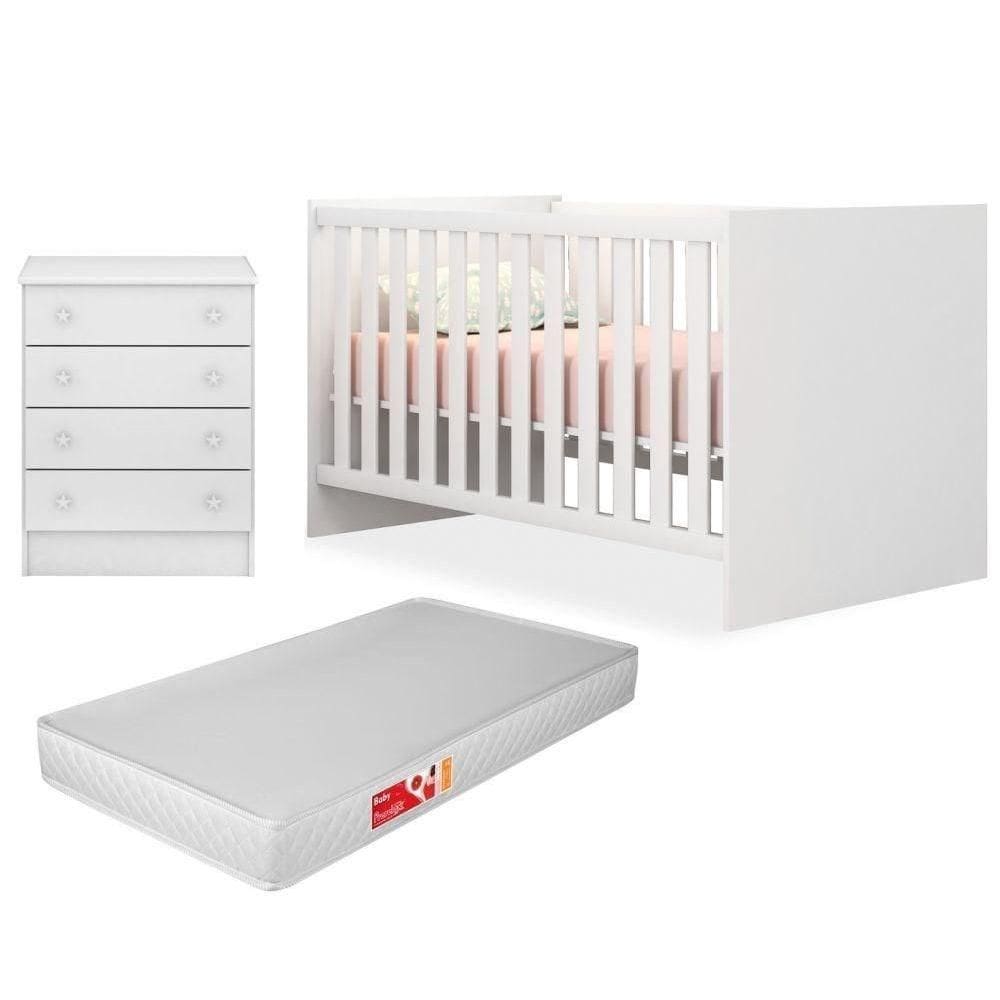 Quarto De Bebê Cômoda 777 E Berço 1344 Certificado Pelo Inmetro Doce Sonho Com Colchão Branco - Qmovi