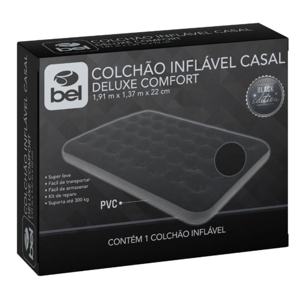 Colchão Inflável Casal Deluxe Comfort Bel Preto 191x137x22 Resistente Portátil Casa Viagem Camping Capacidade 300kg