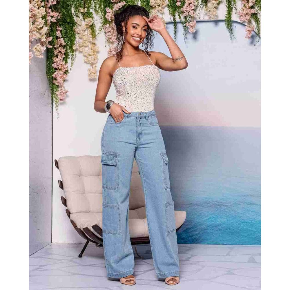Calça Jeans Feminina Wide Leg Cargo - 30998