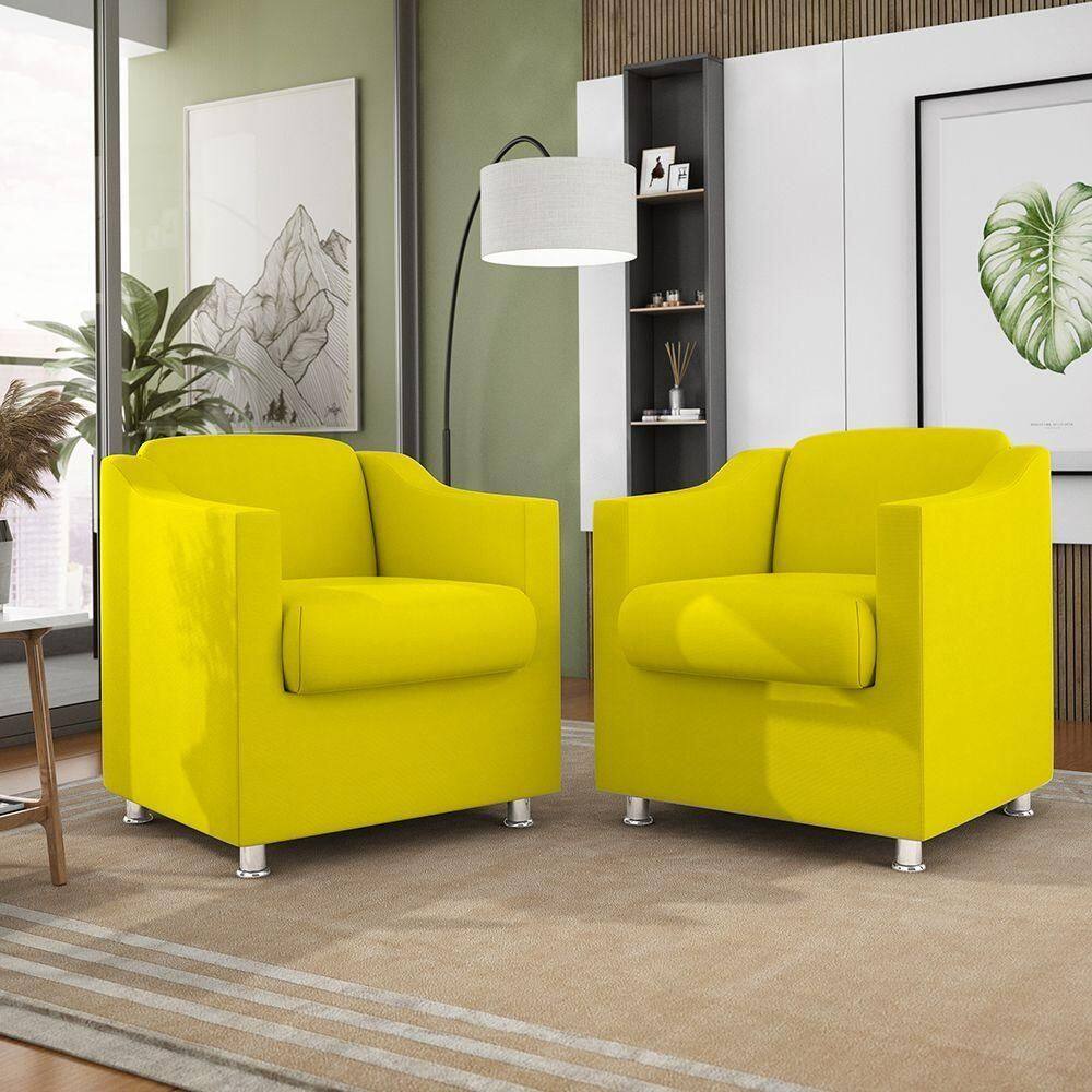 Kit 2 Poltronas Decorativas Reforçada Consultório Sala Suede Cor:Amarelo