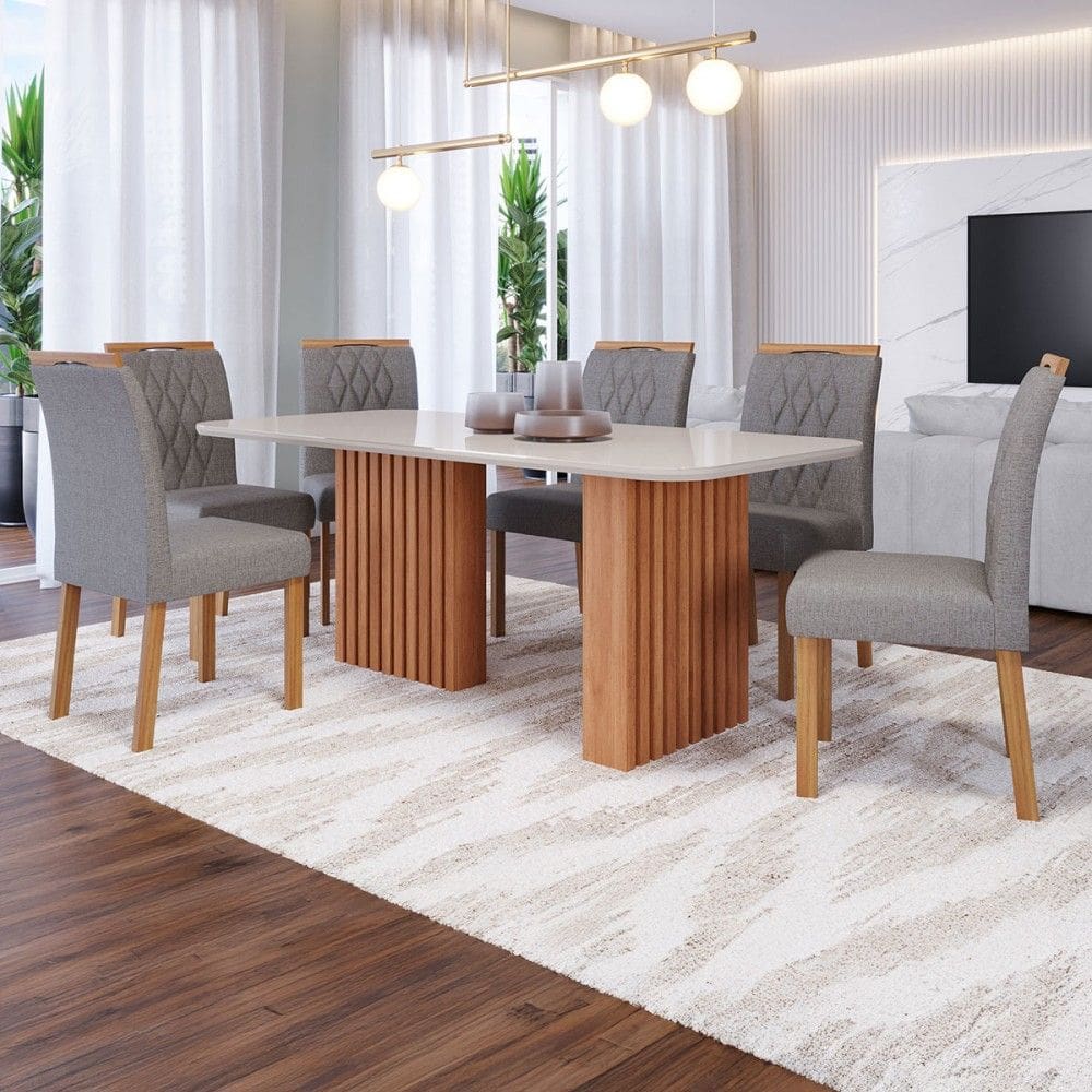 Mesa de Jantar 6 Lugares Ester Juliana com Vidro Ripado Cinamomo/Off White/Grafite - Cimol