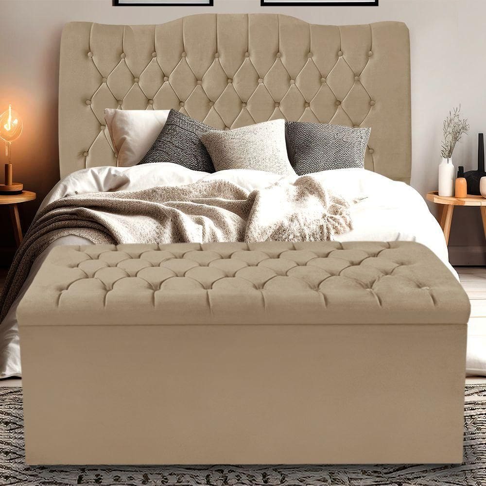 Kit Cabeceira E Calçadeira Baú Dunas Queen 160 Cm - Veludo Bege Escuro