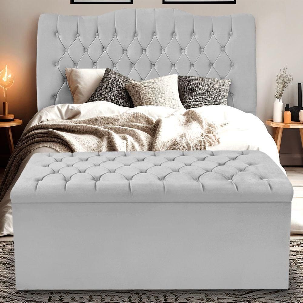 Kit Cabeceira E Calçadeira Baú Dunas Queen 160 Cm - Veludo Cinza