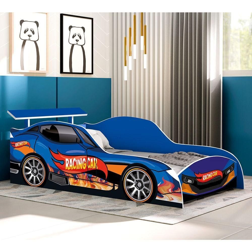 Cama Carro Racing Solteiro Para Meninos Mdf - Racing Car Relâmpago Azul