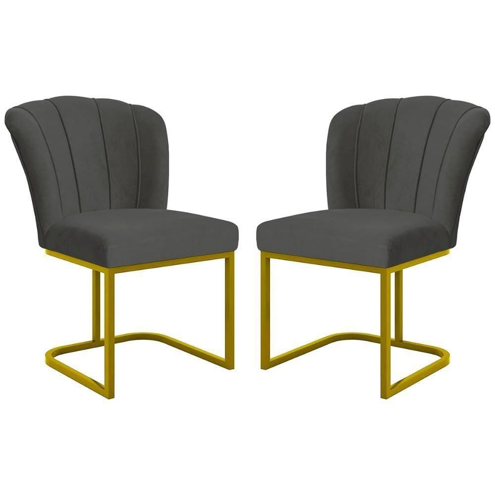 Kit 2 Cadeiras Poltrona Flor Pés Metal Dourado Mesa Quarto Cozinha Cinza