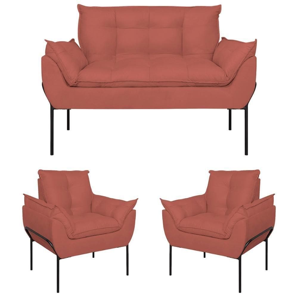 Kit 02 Poltronas + Namoradeira Pé Metal Preto Recepção Sala Rosa