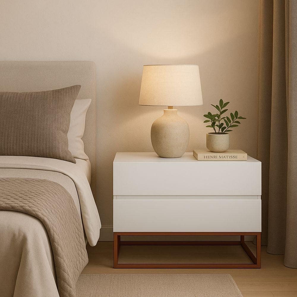 Mesa De Cabeceira Retrô Alto Padrão Com 2 Gavetas Base Cobre Branco