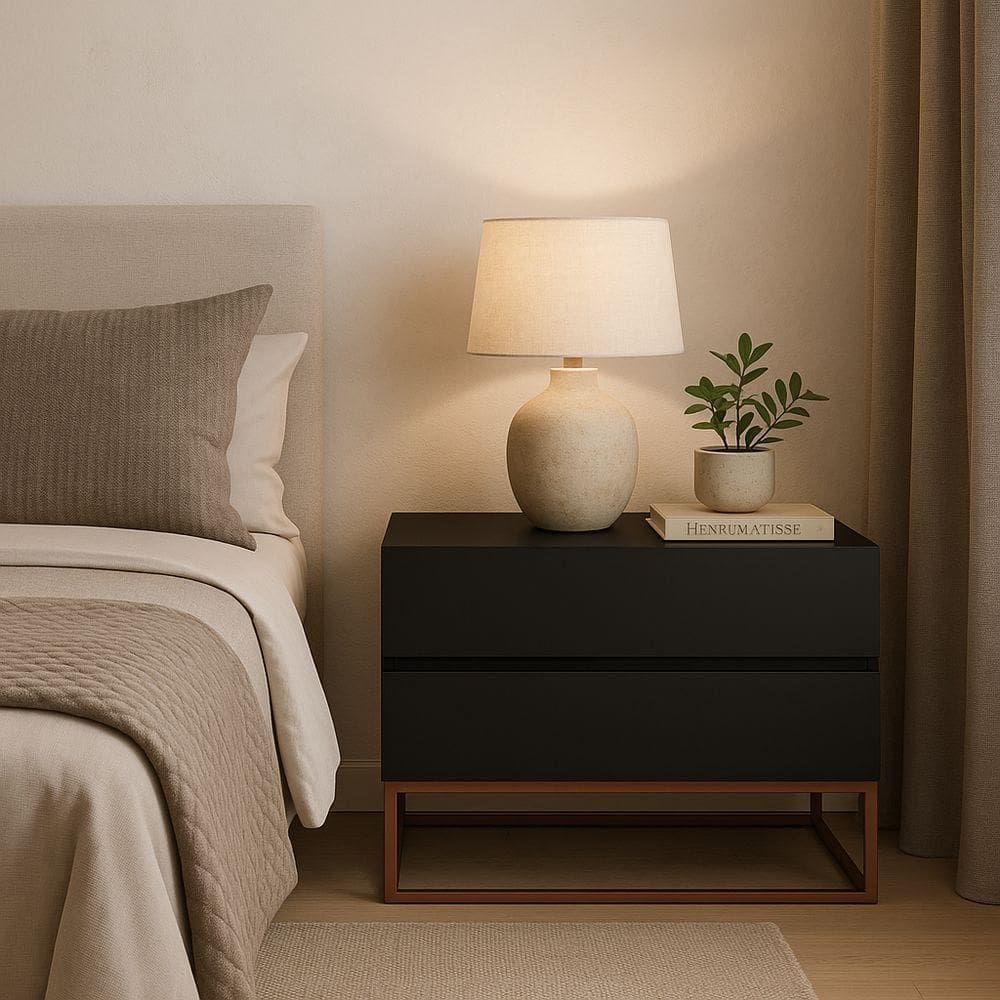 Mesa De Cabeceira Retrô Alto Padrão Com 2 Gavetas Base Cobre Preto