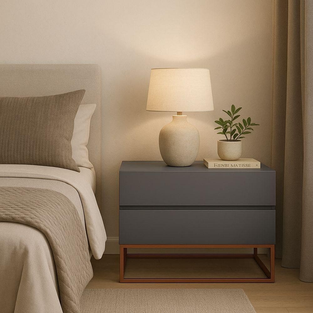 Mesa De Cabeceira Retrô Alto Padrão Com 2 Gavetas Base Cobre Cinza