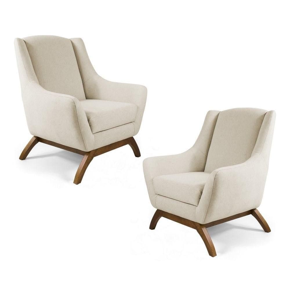 Kit 02 Poltronas Decorativas Juliet Base De Madeira C-107 Linho Bege - Domi