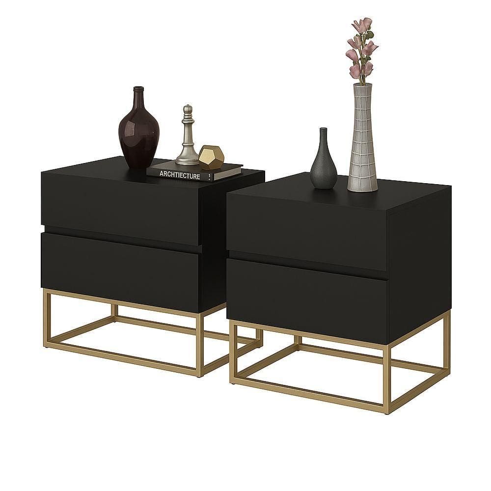 Conjunto 2 Mesa De Cabeceira Industrial Pé De Ferro Dourado Preto