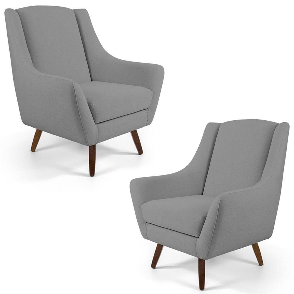 Kit 02 Poltronas Decorativas Juliet Pés De Madeira C-416 Linho Cinza Escuro - Domi