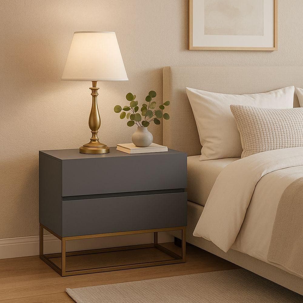 Mesa De Cabeceira Eros 60cm Estilo Industrial Base Dourado Cinza