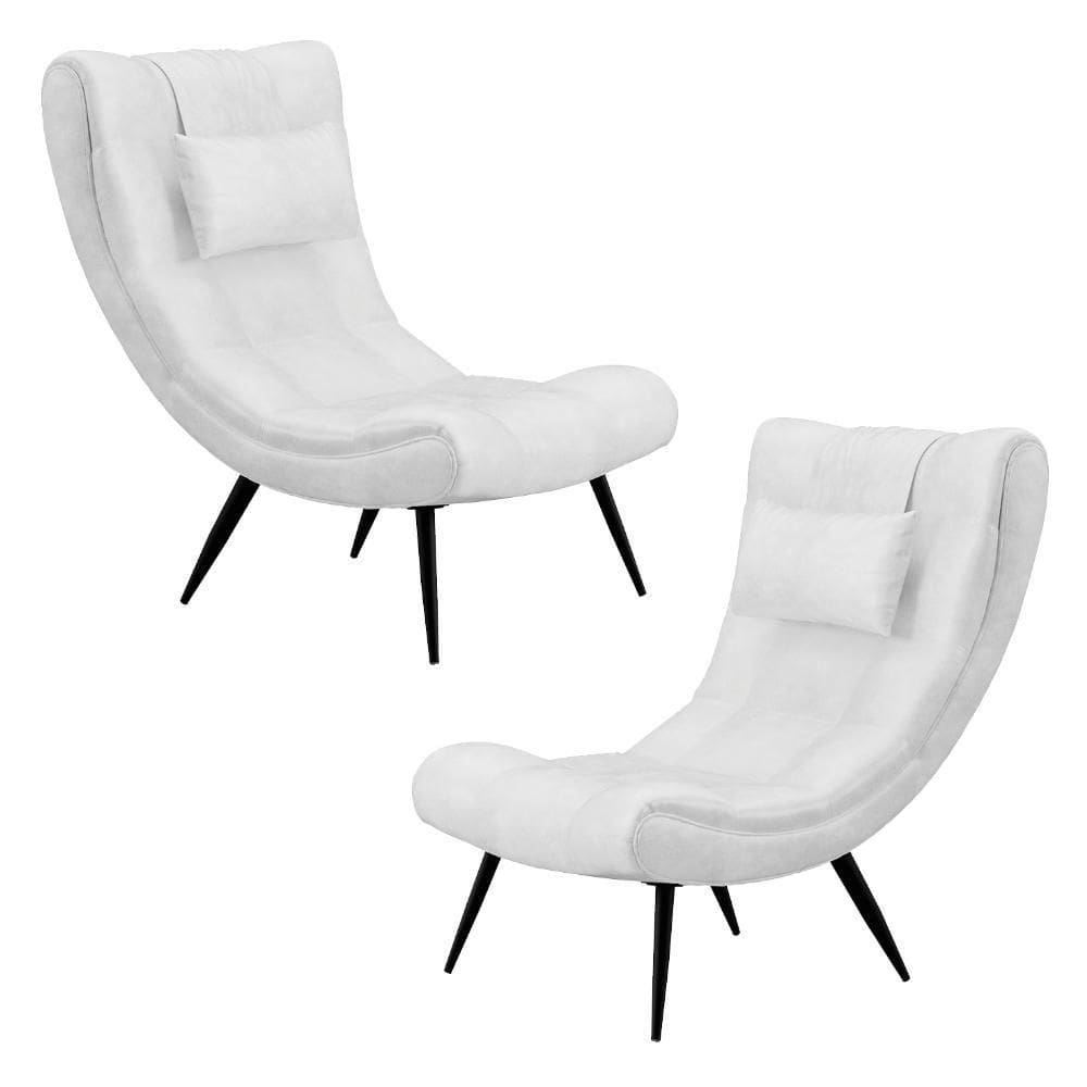 Kit 2 Poltronas Decorativas Sala De Estar Com Almofada E Pés Palito Lord Sintético Branco - Ibiza