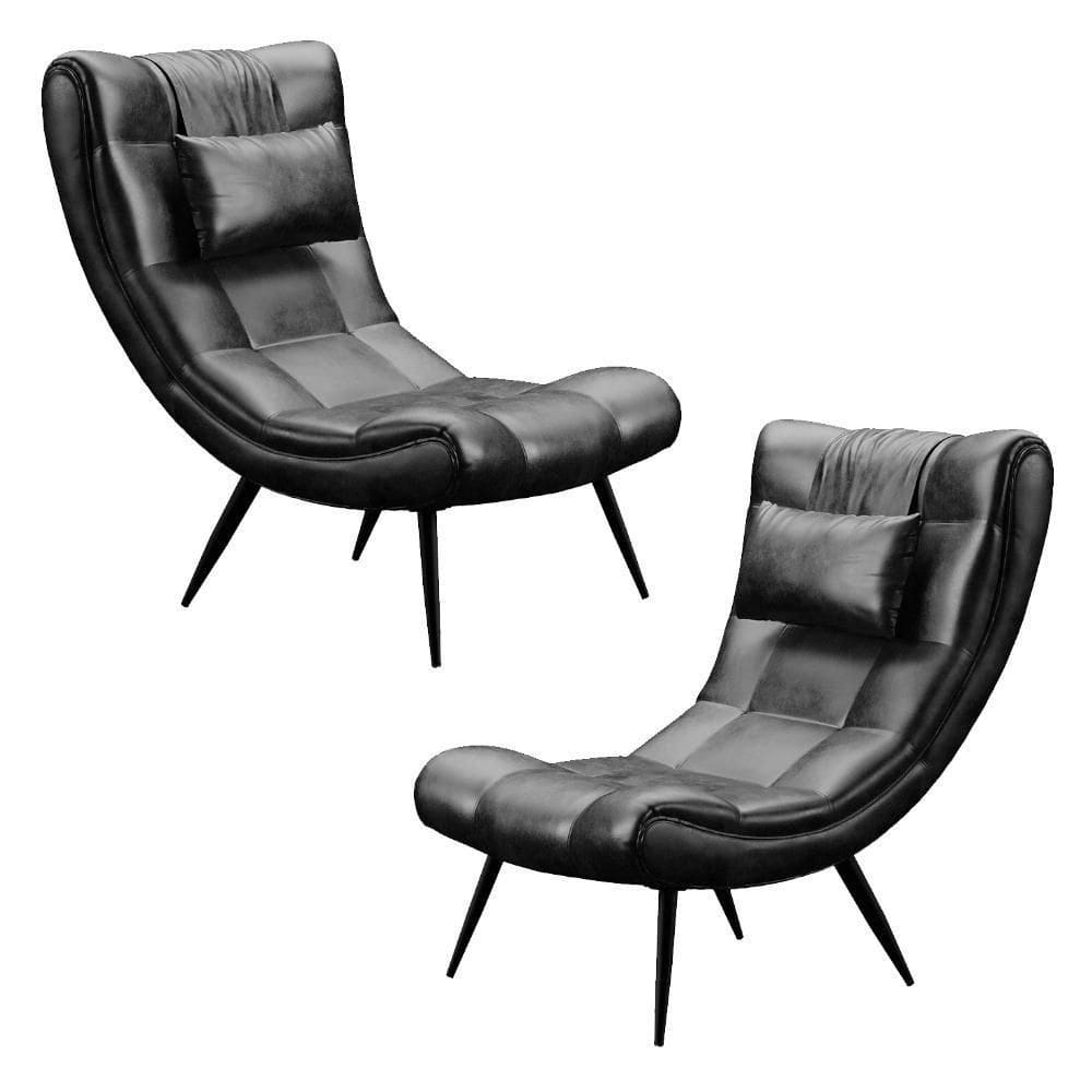 Kit 2 Poltronas Decorativas Sala De Estar Com Almofada E Pés Palito Lord Sintético Preto - Ibiza