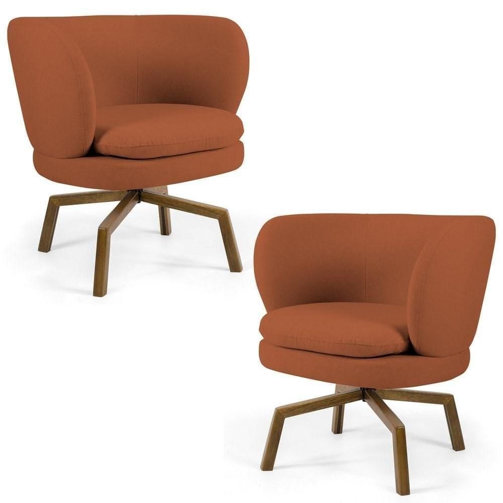 Kit 2 Poltronas Decorativas Melissa Base Ka Giratória Castanho Veludo C-262 Telha - Domi
