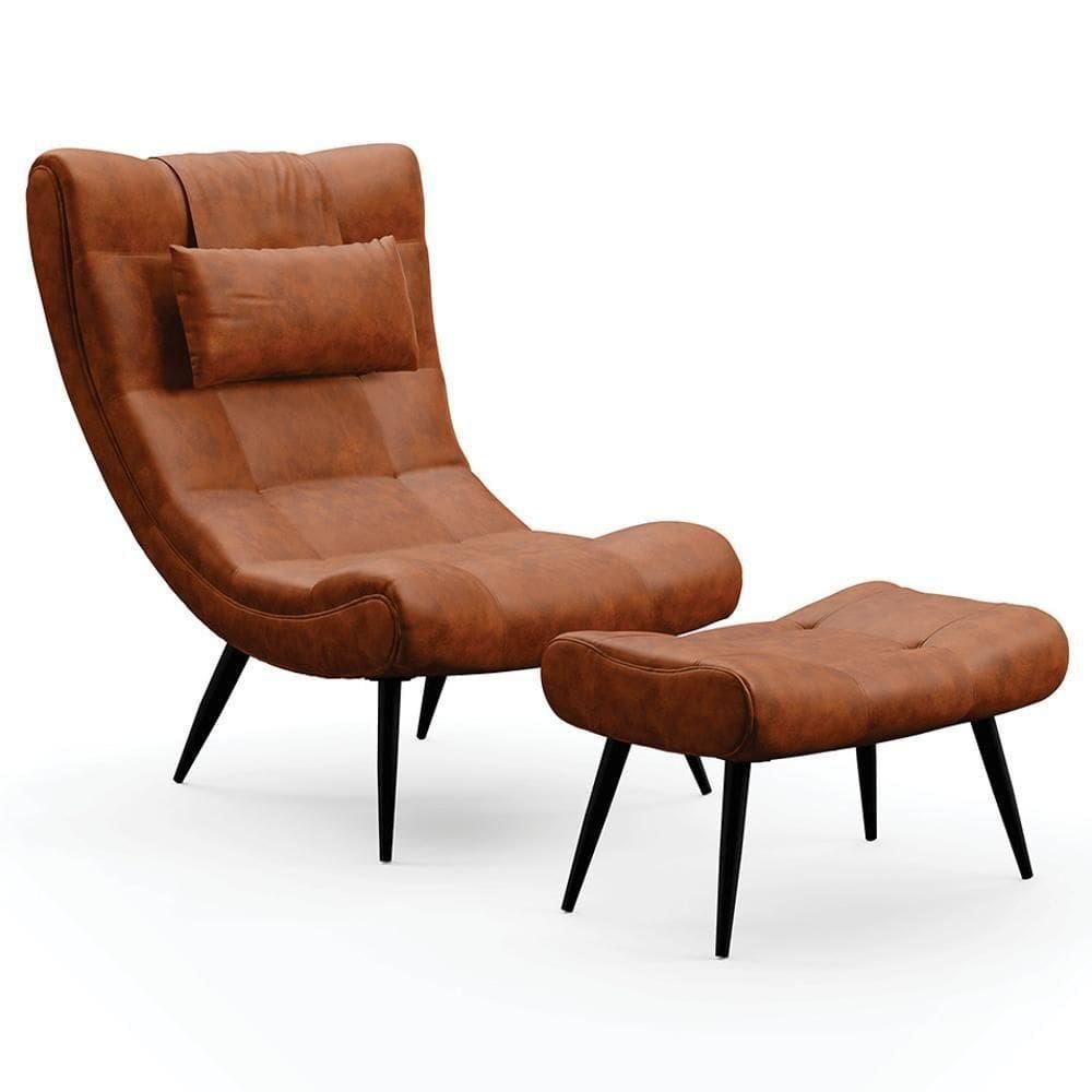 Kit Poltrona E Puff Para Sala De Estar Com Almofada E Pés Palito Lord Sintético Nozes - Ibiza