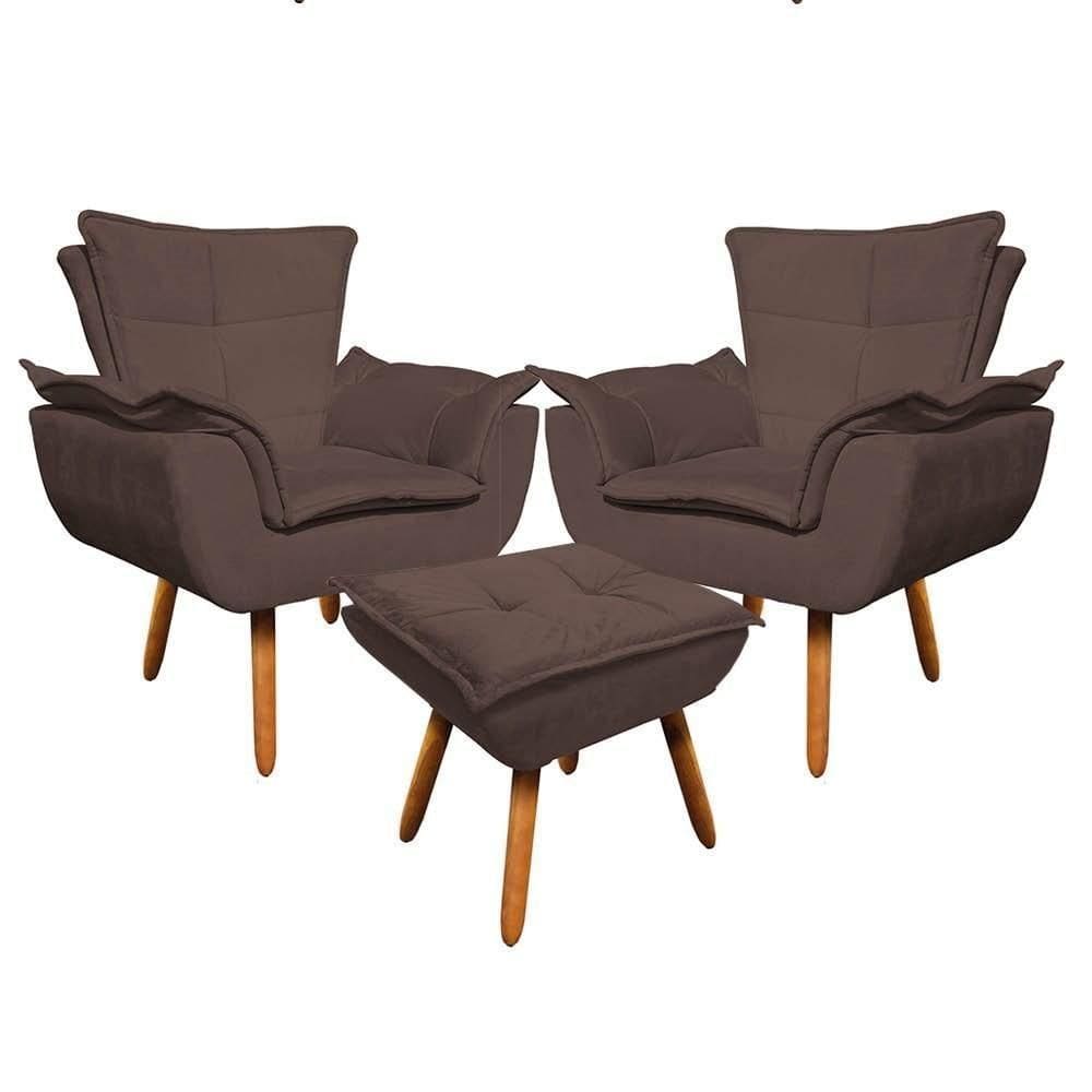 Kit 2 Poltronas Decorativas Pés Palito Com Puff Opla Suede Marrom - Ibiza