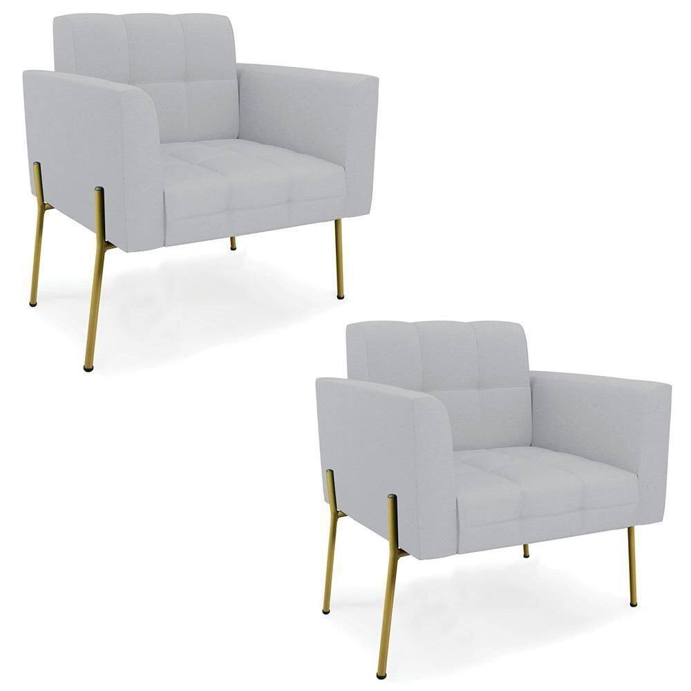 Poltrona Para Sala Pé Metal Dourado Kit 2 Ana Linho Cinza - Ibiza