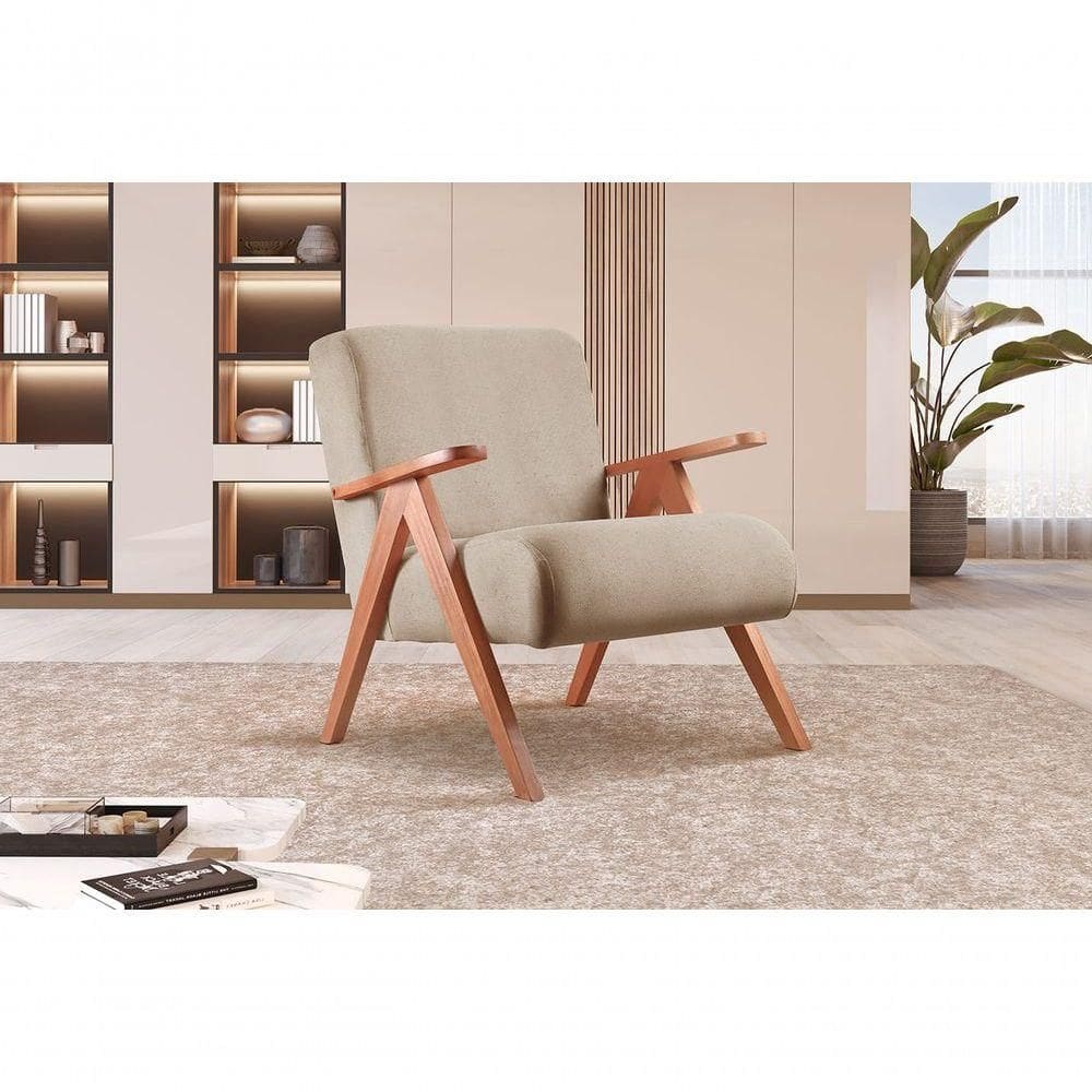 Poltrona Braço De Madeira Laguna Cor:linho Bege 103