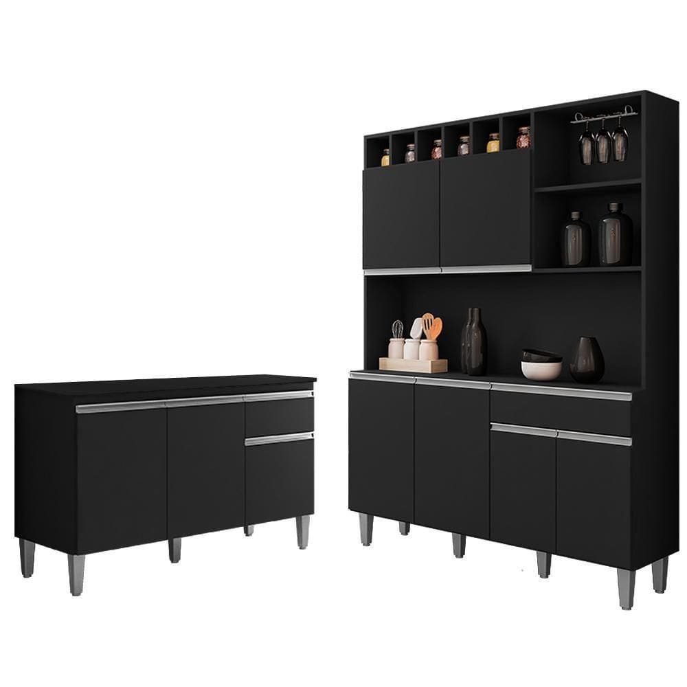 Cozinha Compacta Alice E Balcão Gabinete Com Tampo Tatiane 120cm Preto - Ajl Móveis