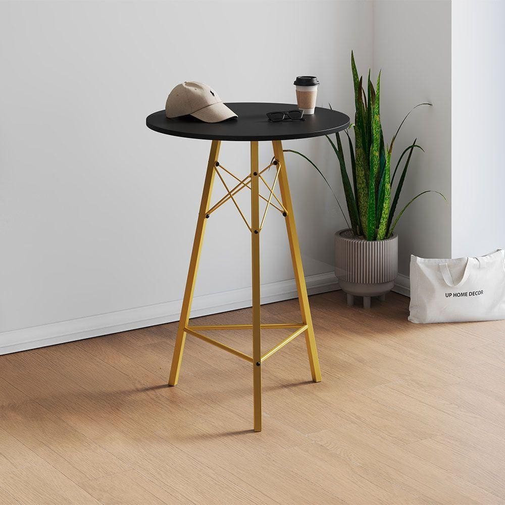 Mesa Bistrô Redonda Estrutura Em Ferro Dourado Com Tampo Preto