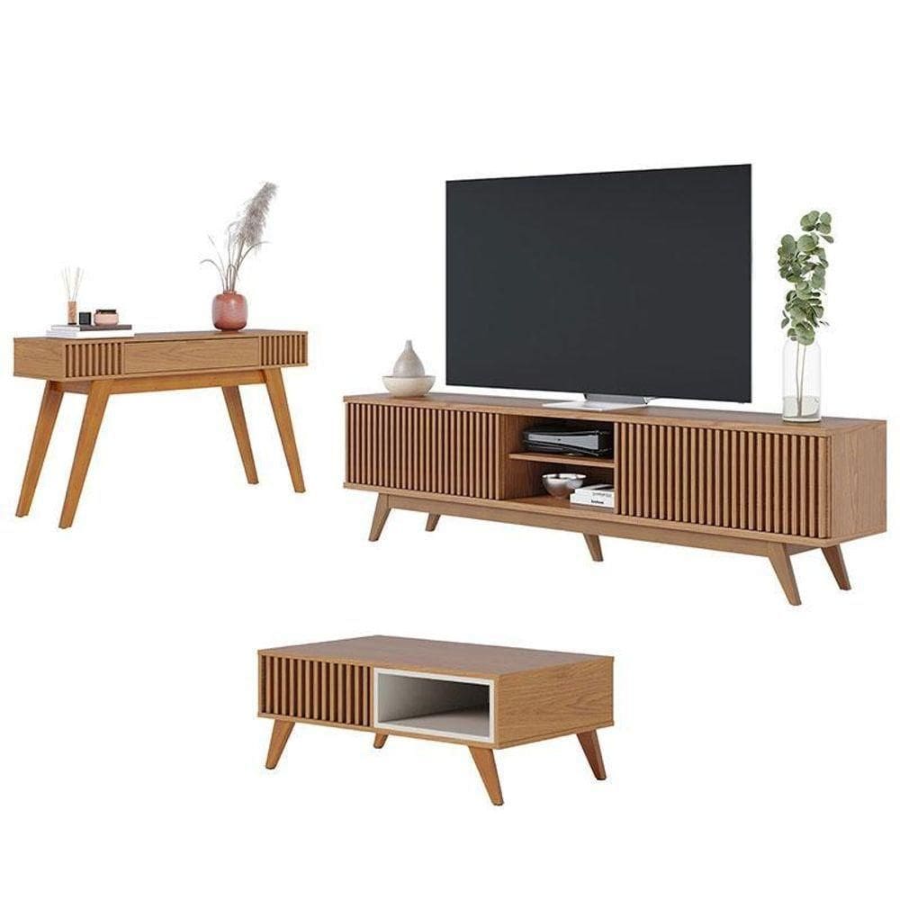 Rack Bancada Fortaleza Com Aparador Riviera Freijó E Mesa De Centro Jeri Freijó Off White - Colibri