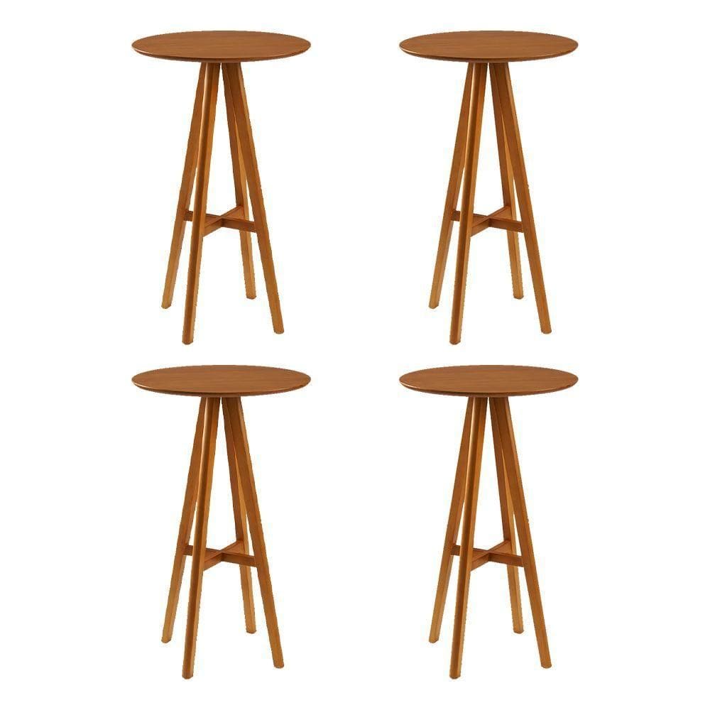 Kit 4 Mesas Bistrô Alta Redonda Sila Base Madeira Maciça Mel