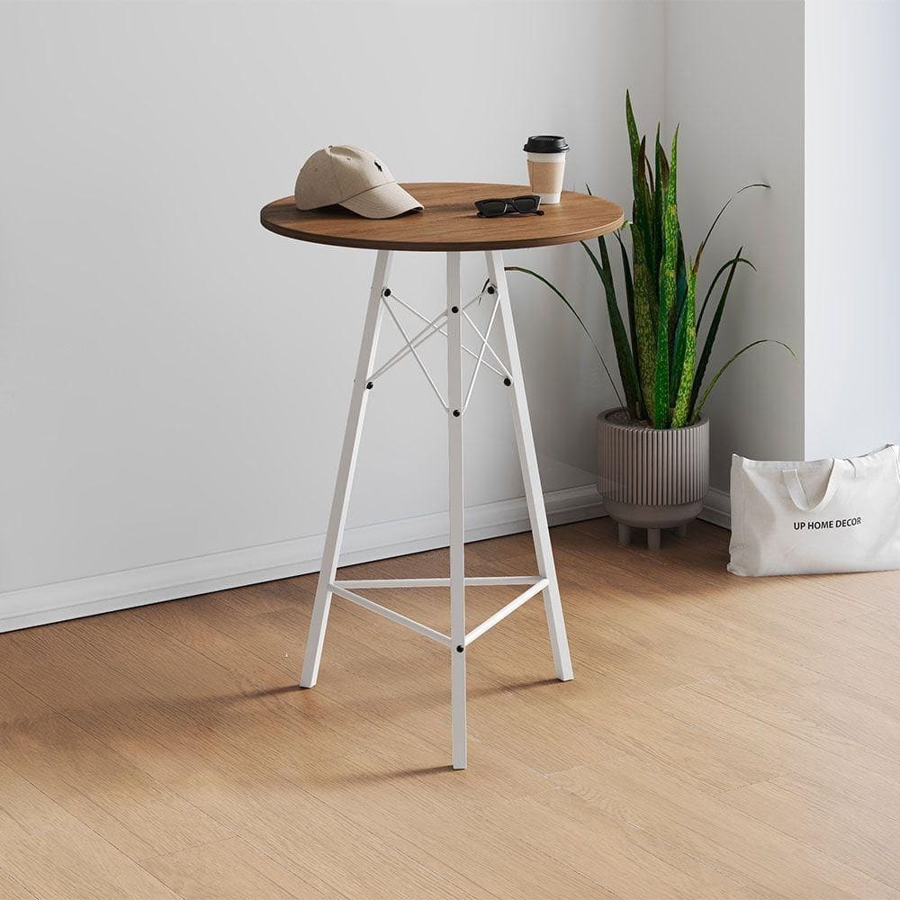 Mesa Bistrô Redonda Estrutura Em Ferro Branco Com Tampo Freijó