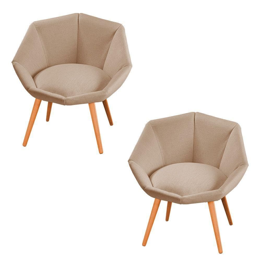 Kit 02 Poltronas Jaspe Linho Caramelo Pés Palito Castanho - D`rossi