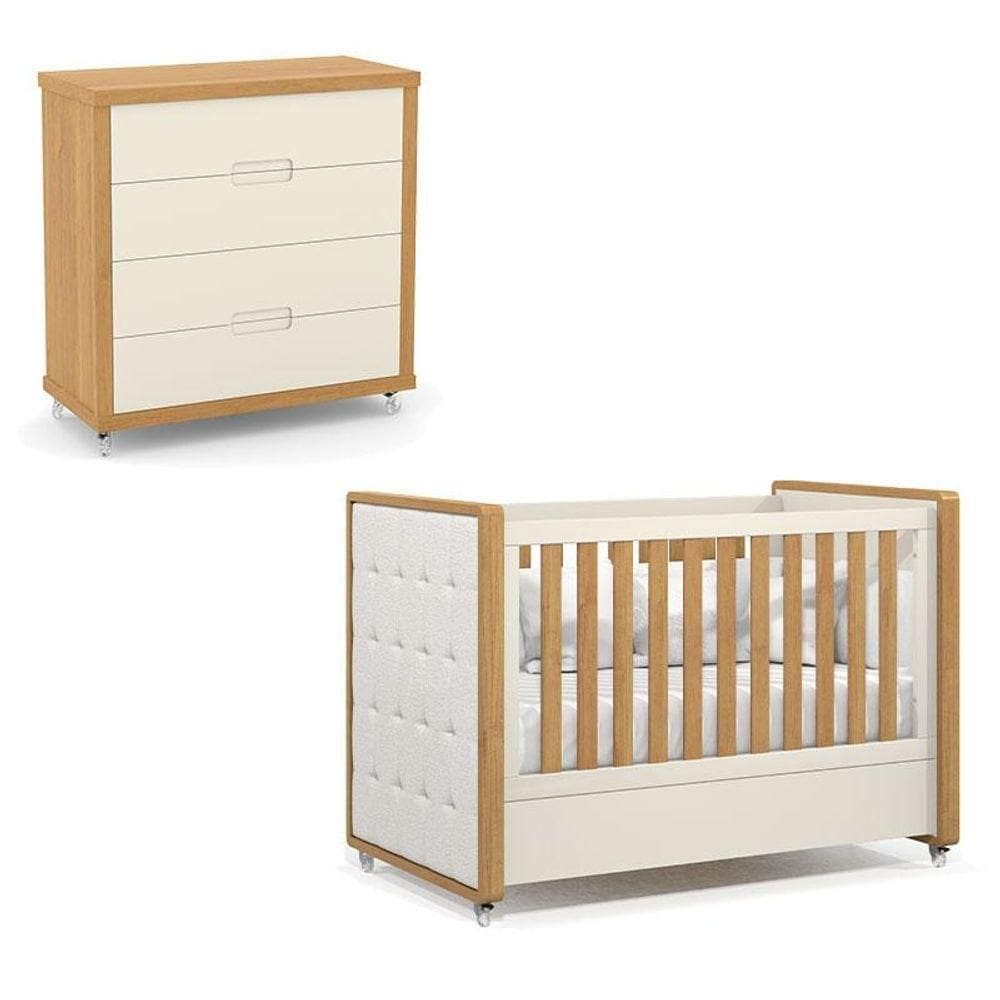 Berço Americano Com Capitonê New Boucle E Cômoda Gaveteiro Infantil Tutto New Freijó Off White - Matic