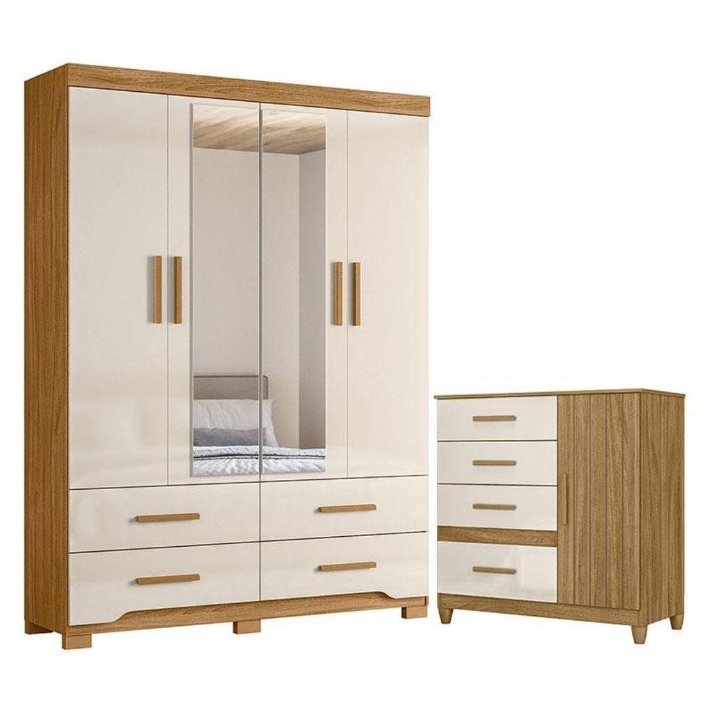 Guarda Roupa Solteiro Miami E Cômoda Vênus Com Pés Freijó Off White - Moval