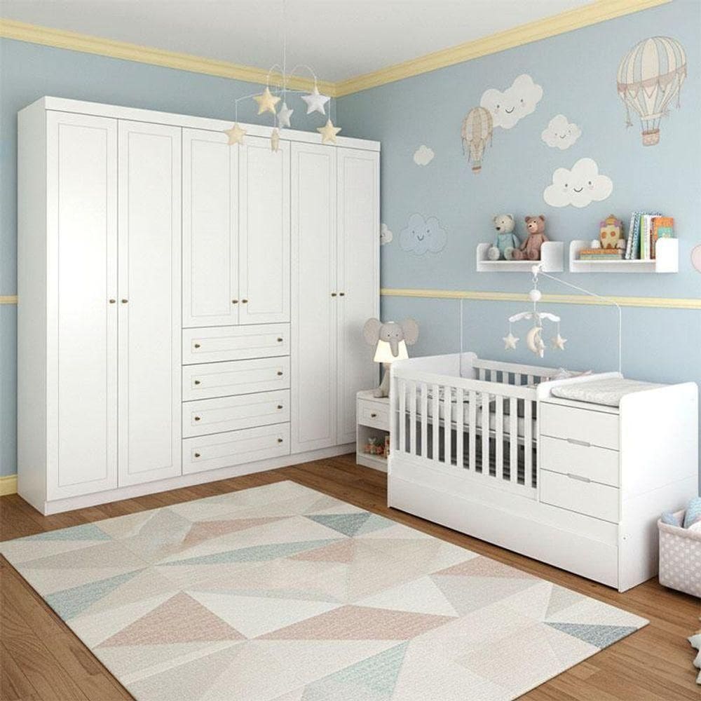 Berço Multifuncional Cleo E Guarda Roupa Infantil 6 Portas Mississipi Ambiente Branco Fosco Com Colchão Gazin - Henn