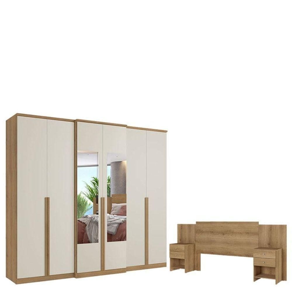 Guarda Roupa Casal Valência 6 Portas Glass Capuccino Off White ECabeceira Com Mesas De Cabeceira Formosa Capuccino- Thb