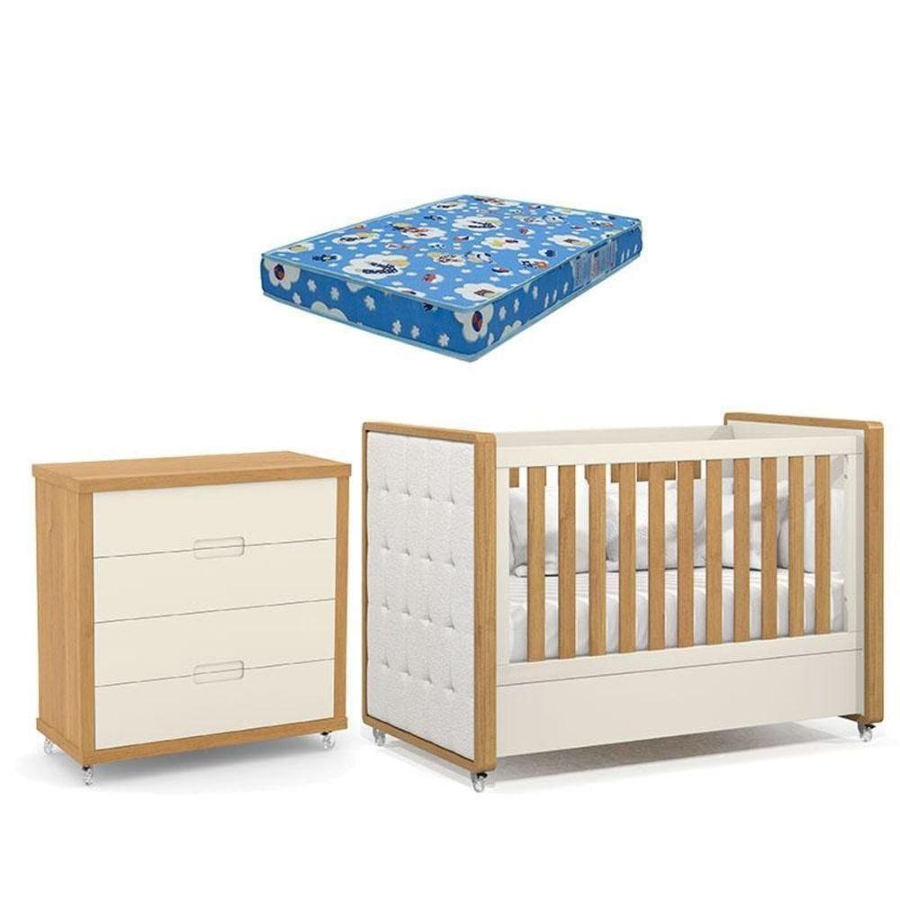 Berço Americano Com Capitonê New Boucle E Cômoda Gaveteiro Infantil Tutto New Freijó Off White E Colchão Ortobom - Matic