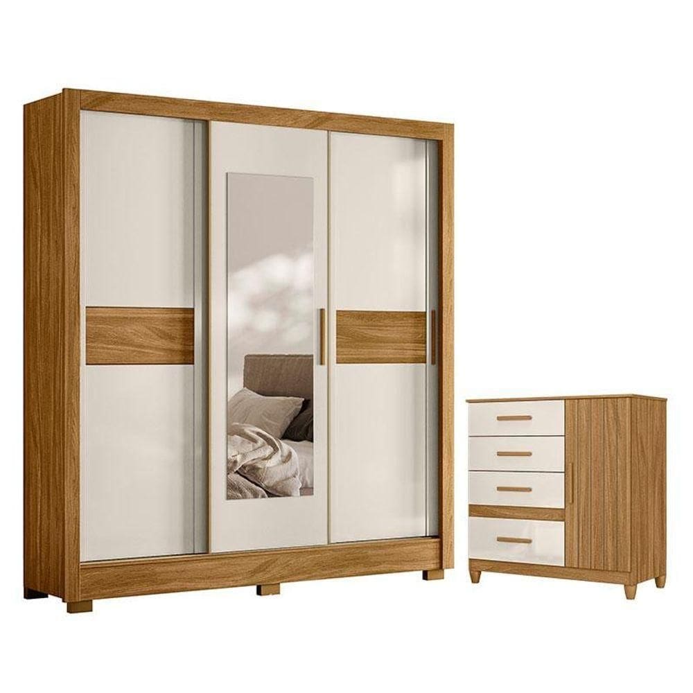 Guarda Roupa Casal Bahamas E Cômoda Vênus Com Pés Freijó Off White - Moval