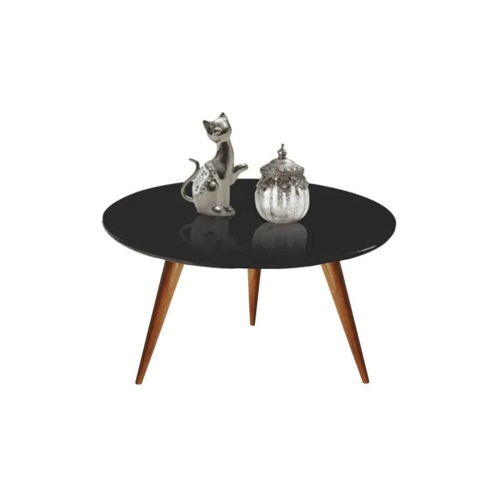 Mesa De Centro Redonda Laqueada Com Vidro Colado Pé Palito 60cm Preto
