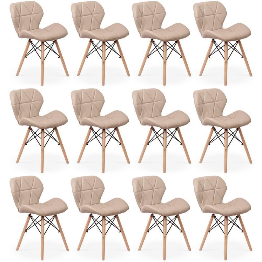 Kit 12 Cadeiras De Jantar Charles Eames Slim Wood Estofada - Nude