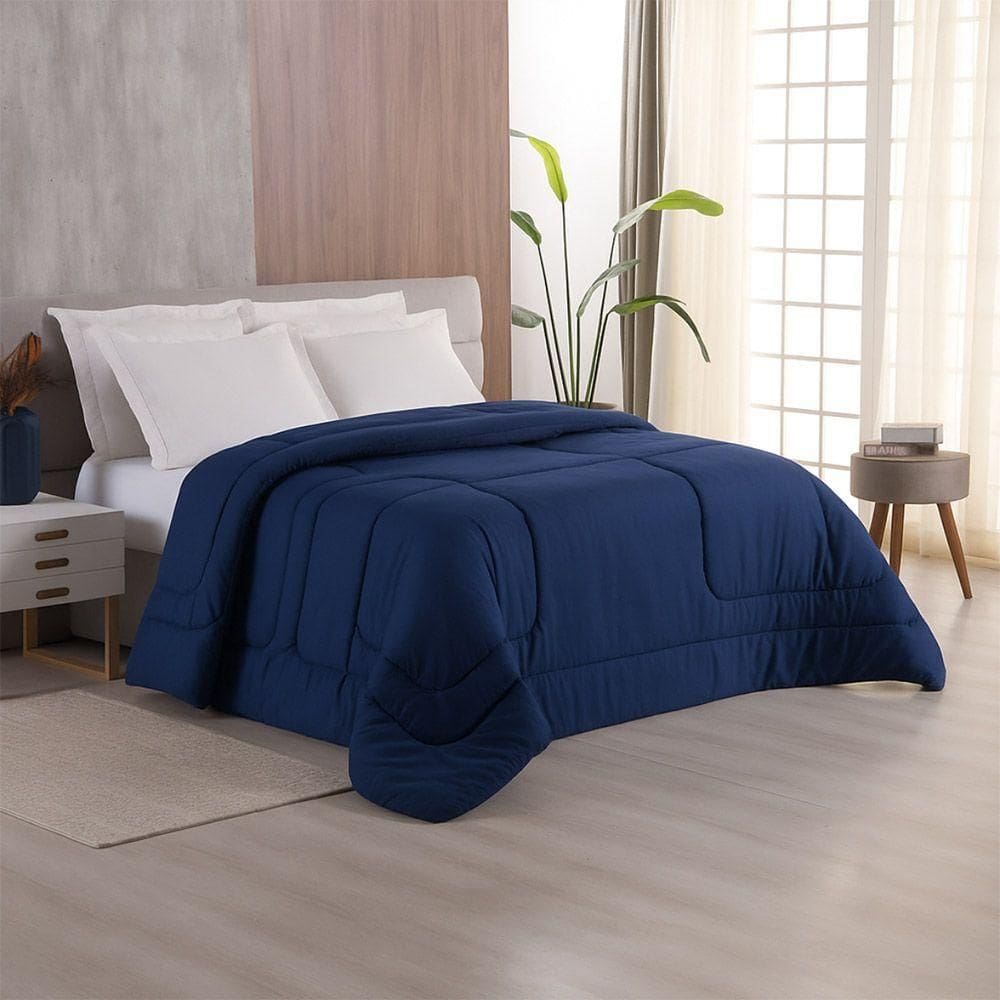 Edredom Bali Liso Queen 01 Peça Micropercal Dupla Face 400 Fios Macio - Azul Marinho - 100% Poliéster