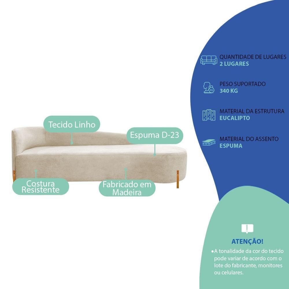 Divã Recamier Orgânico França 220cm Lado Dir Pés Madeira Linho Cor Bege